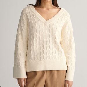 GANT Cream V-neck Knit Sweater Cotton Wool